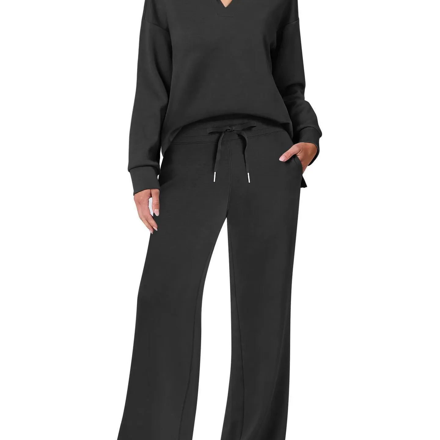 Women's Loose V-Neck Long Sleeve Top with Drawstring and Trumpet Leg Pants Set - Casual Fashionable Two-Piece Outfit thumbnail 2