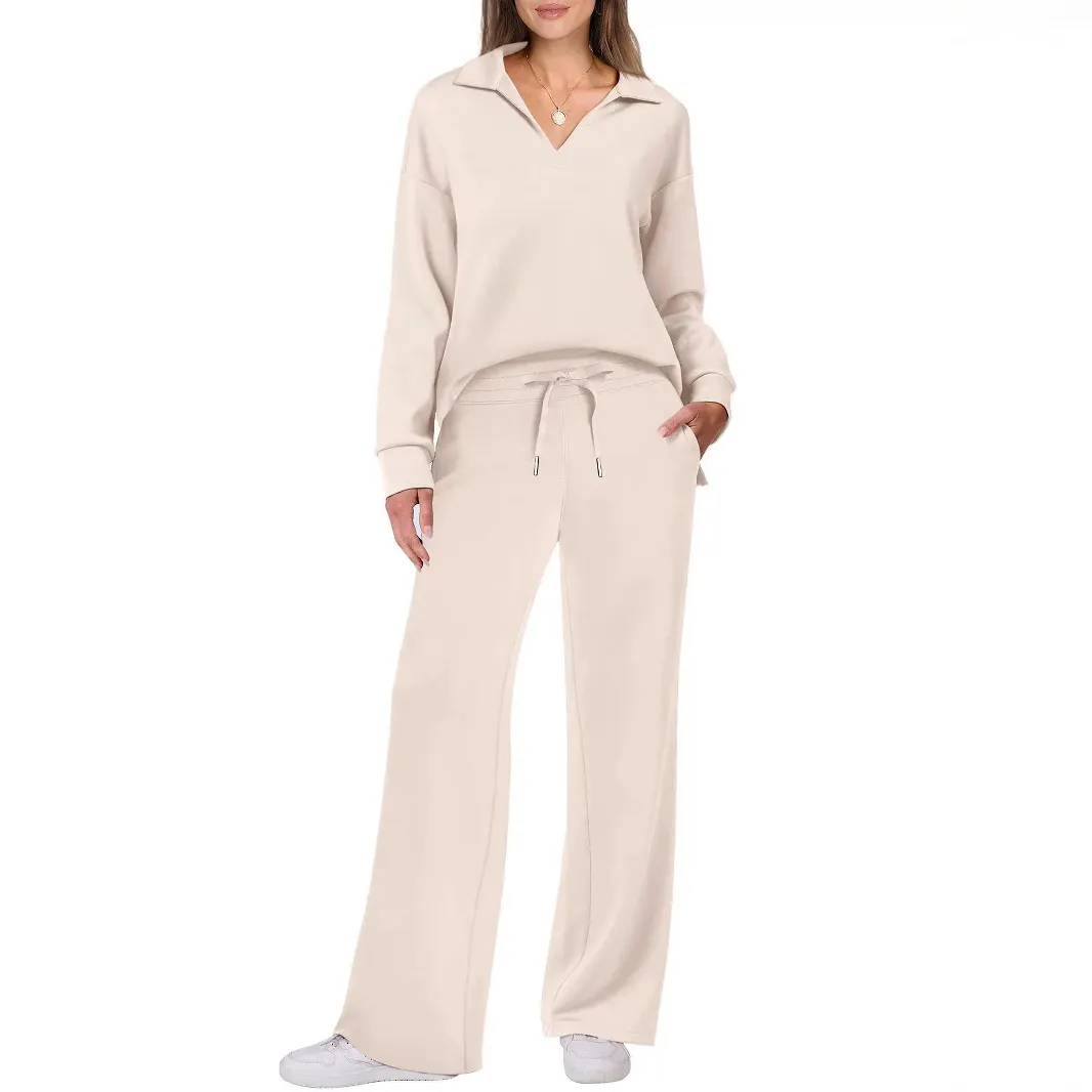 Women's Loose V-Neck Long Sleeve Top with Drawstring and Trumpet Leg Pants Set - Casual Fashionable Two-Piece Outfit thumbnail 3
