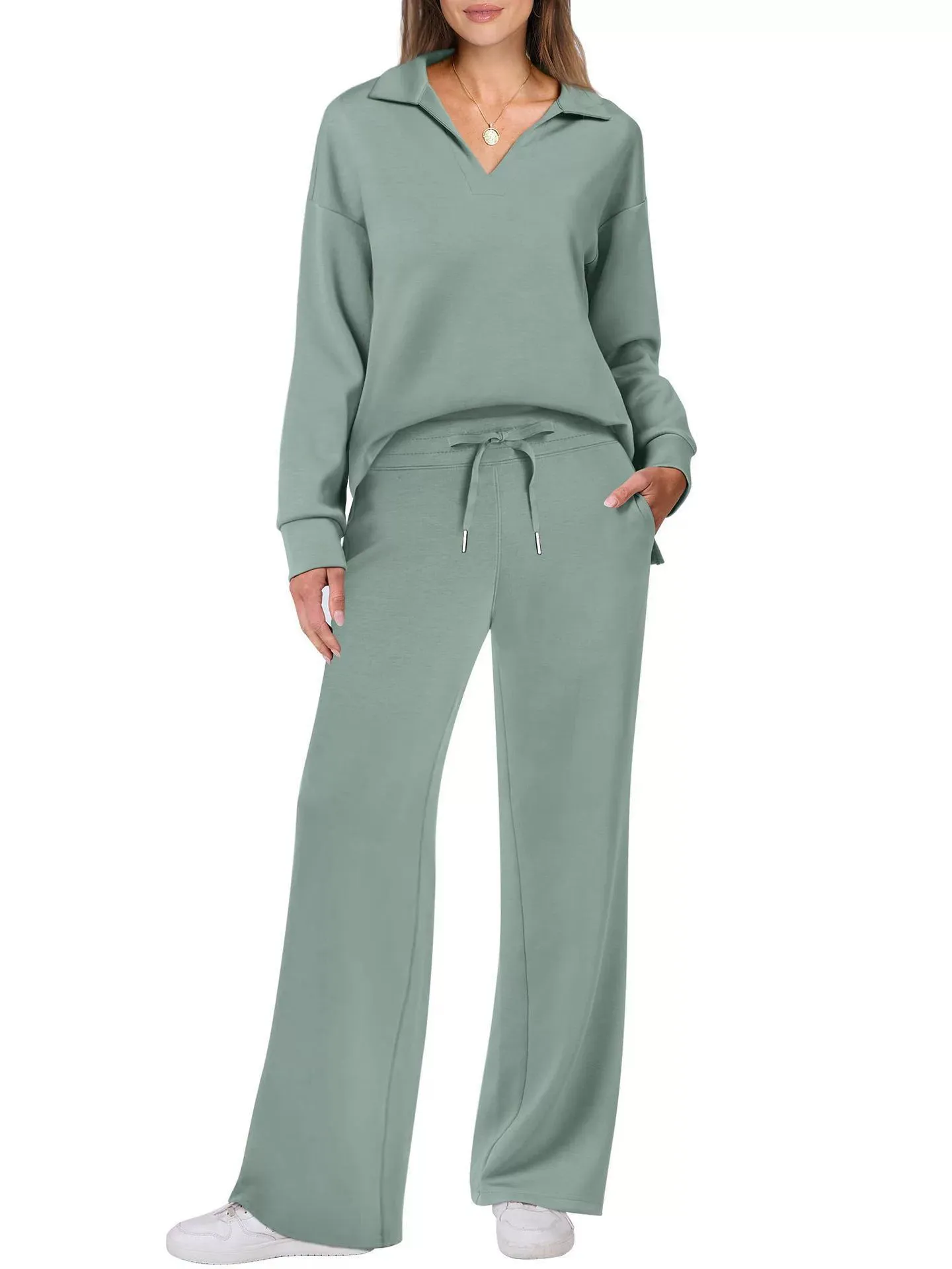 Women's Loose V-Neck Long Sleeve Top with Drawstring and Trumpet Leg Pants Set - Casual Fashionable Two-Piece Outfit thumbnail 5