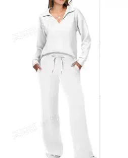 Women's Loose V-Neck Long Sleeve Top with Drawstring and Trumpet Leg Pants Set - Casual Fashionable Two-Piece Outfit thumbnail 9