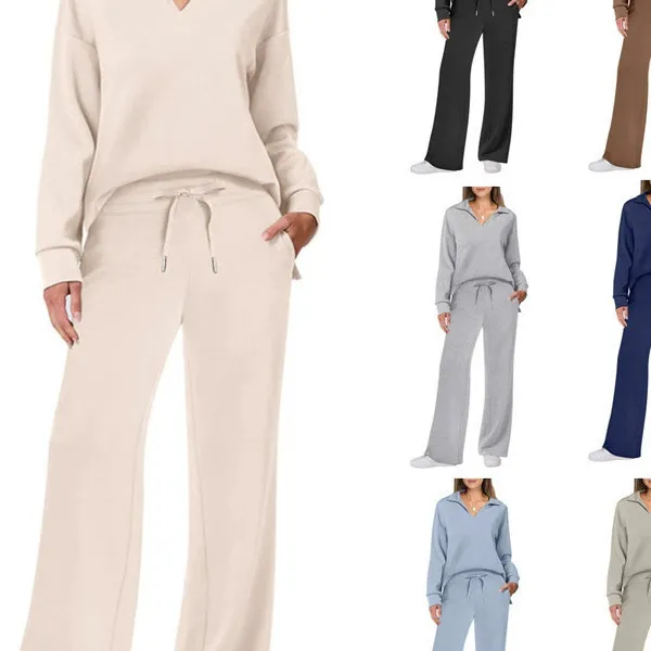 Women's Loose V-Neck Long Sleeve Top with Drawstring and Trumpet Leg Pants Set - Casual Fashionable Two-Piece Outfit thumbnail 1