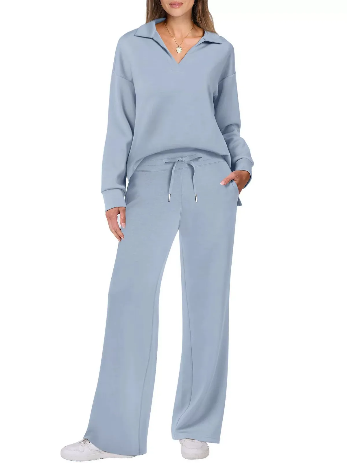 Women's Loose V-Neck Long Sleeve Top with Drawstring and Trumpet Leg Pants Set - Casual Fashionable Two-Piece Outfit showcase 5