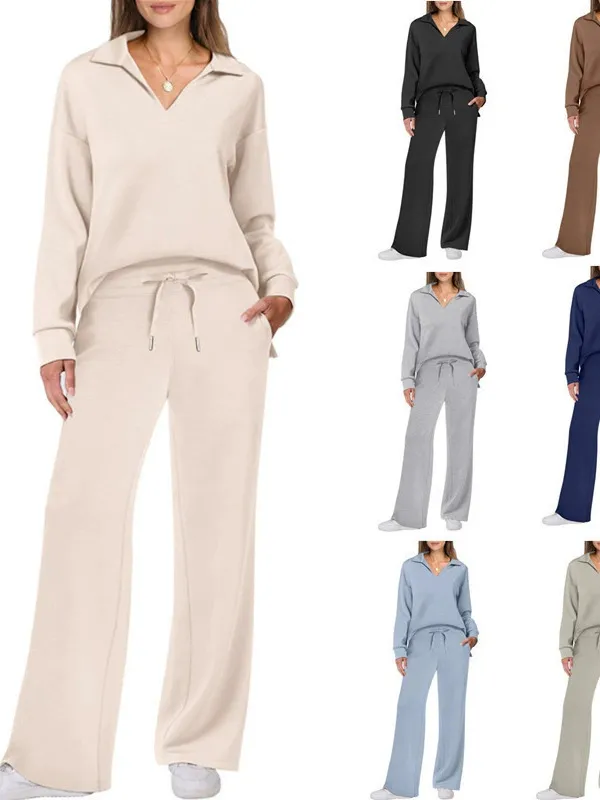 Women's Loose V-Neck Long Sleeve Top with Drawstring and Trumpet Leg Pants Set - Casual Fashionable Two-Piece Outfit showcase 1