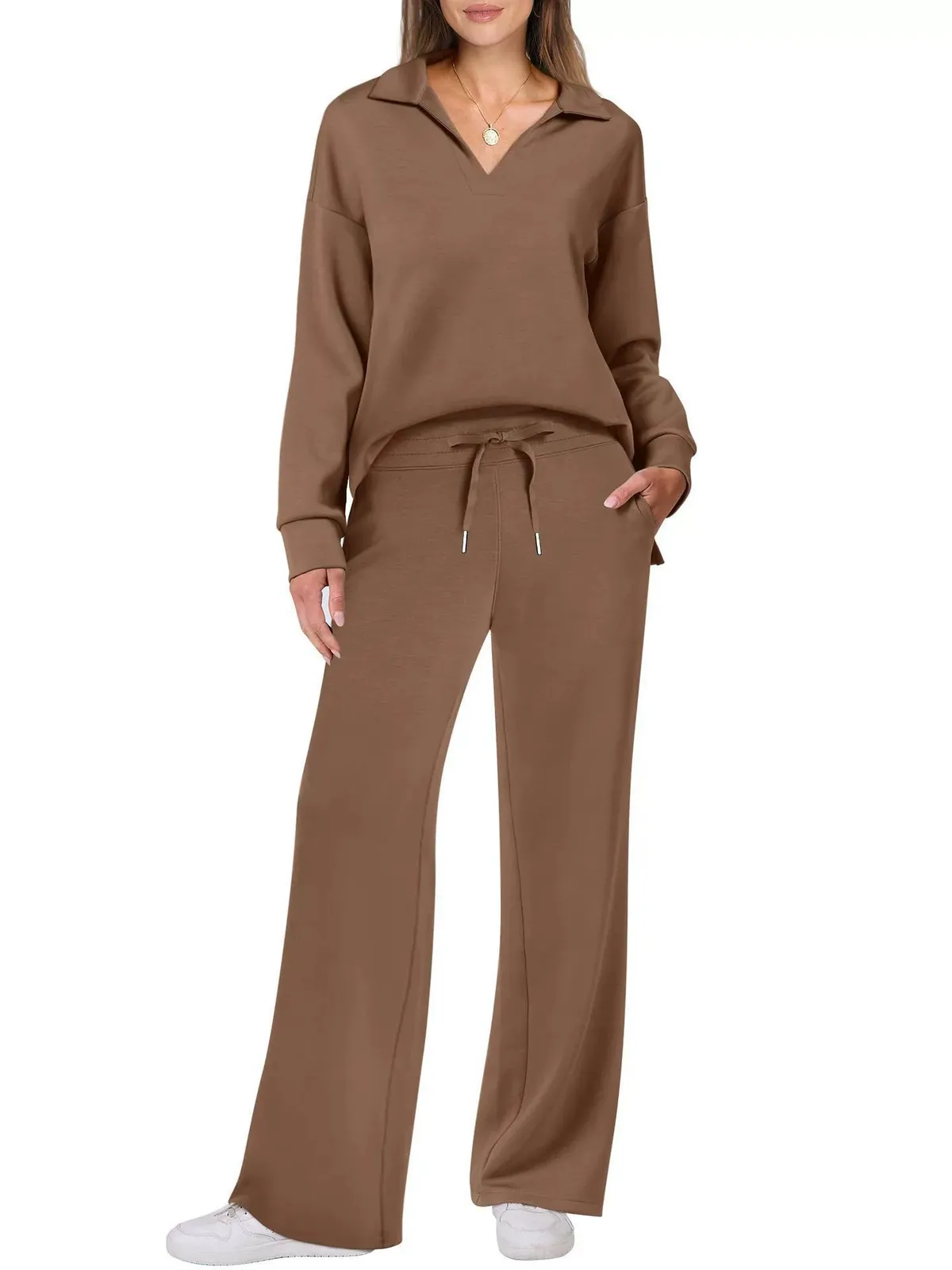 Women's Loose V-Neck Long Sleeve Top with Drawstring and Trumpet Leg Pants Set - Casual Fashionable Two-Piece Outfit showcase 6