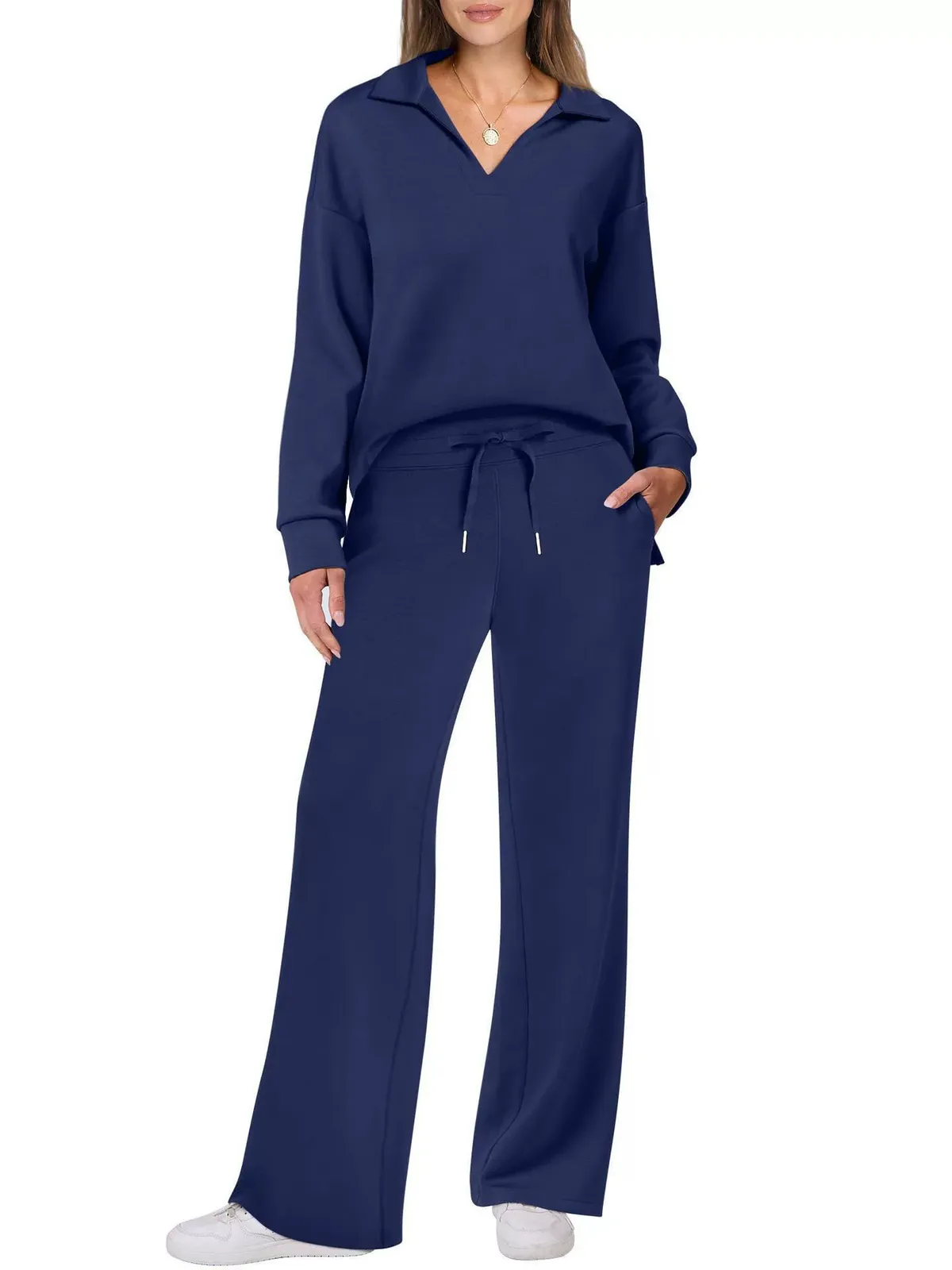 Women's Loose V-Neck Long Sleeve Top with Drawstring and Trumpet Leg Pants Set - Casual Fashionable Two-Piece Outfit showcase 7