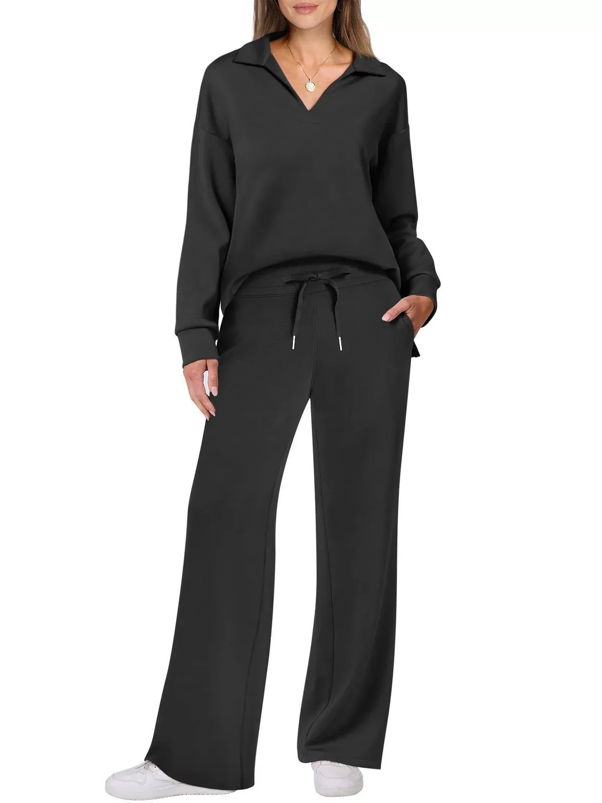 Women's Loose V-Neck Long Sleeve Top with Drawstring and Trumpet Leg Pants Set - Casual Fashionable Two-Piece Outfit showcase 2
