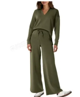 Women's Loose V-Neck Long Sleeve Top with Drawstring and Trumpet Leg Pants Set - Casual Fashionable Two-Piece Outfit showcase 10