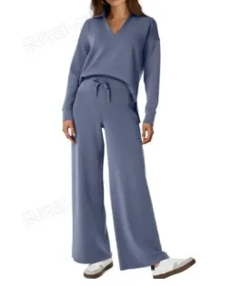 Women's Loose V-Neck Long Sleeve Top with Drawstring and Trumpet Leg Pants Set - Casual Fashionable Two-Piece Outfit showcase 13