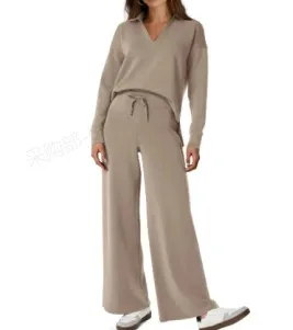 Women's Loose V-Neck Long Sleeve Top with Drawstring and Trumpet Leg Pants Set - Casual Fashionable Two-Piece Outfit showcase 11