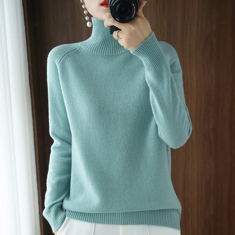 Women's Autumn Winter Korean Style Solid Color High Collar Pullover Sweater - Loose Fit Thickened Knitted Base Shirt for Casual Wear - Image 9