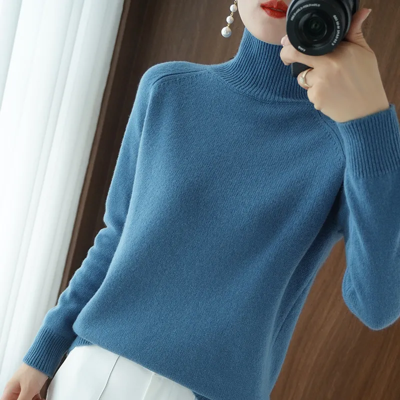 Women's Autumn Winter Korean Style Solid Color High Collar Pullover Sweater - Loose Fit Thickened Knitted Base Shirt for Casual Wear - Image 2