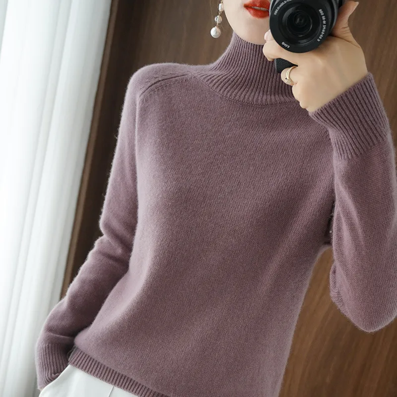 Women's Autumn Winter Korean Style Solid Color High Collar Pullover Sweater - Loose Fit Thickened Knitted Base Shirt for Casual Wear - Image 3