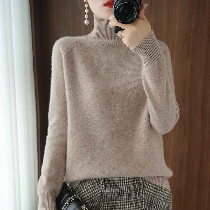 Women's Autumn Winter Korean Style Solid Color High Collar Pullover Sweater - Loose Fit Thickened Knitted Base Shirt for Casual Wear - Image 7