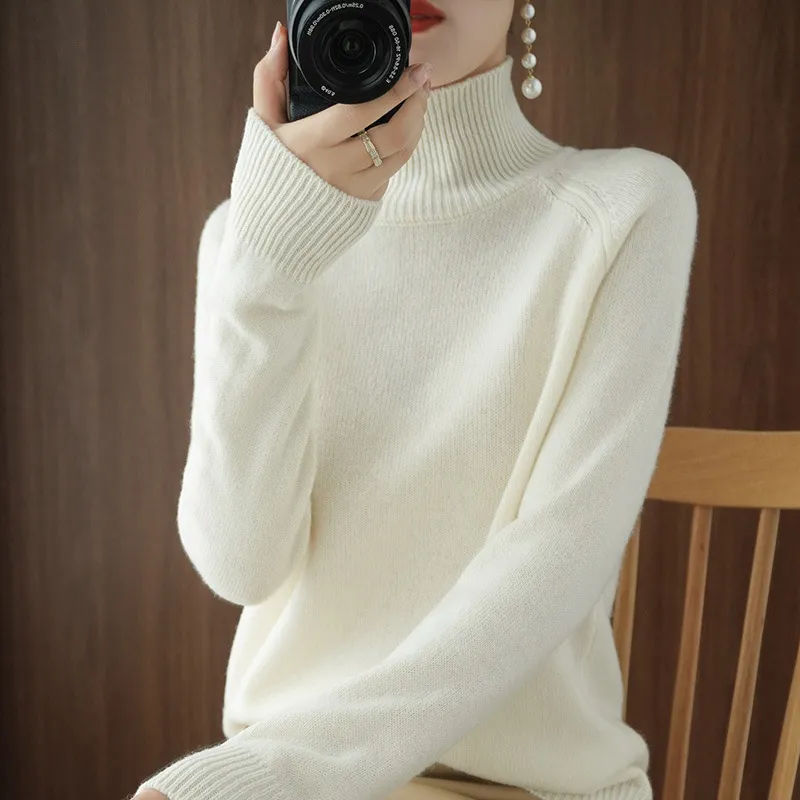 Women's Autumn Winter Korean Style Solid Color High Collar Pullover Sweater - Loose Fit Thickened Knitted Base Shirt for Casual Wear - Image 1