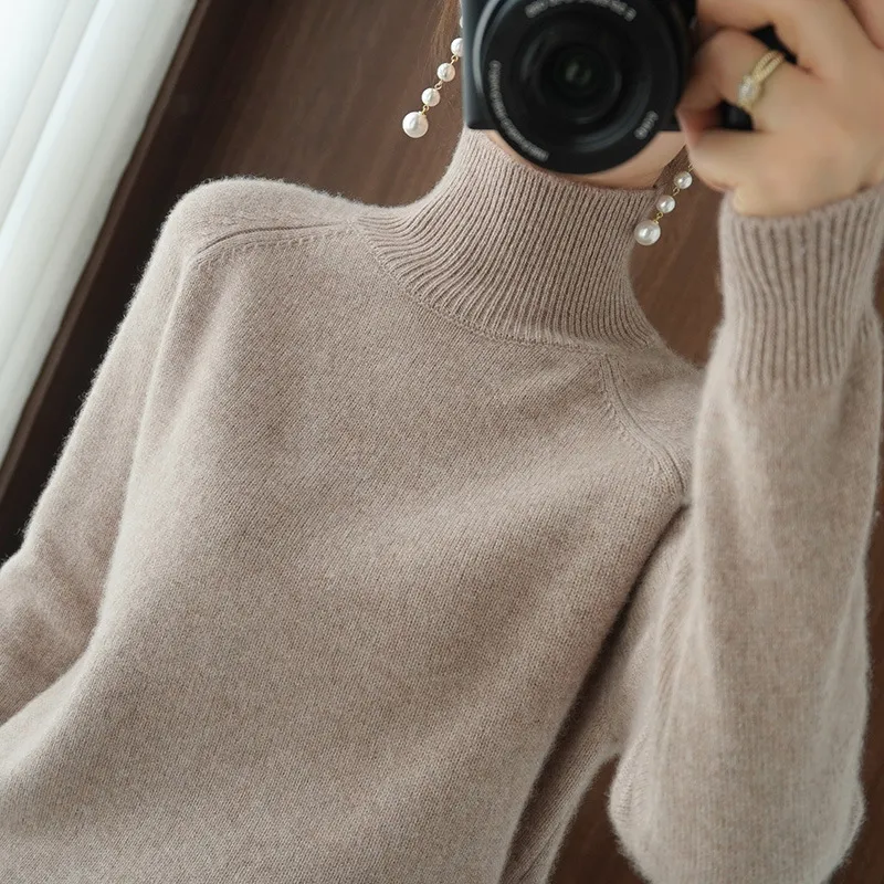 Women's Autumn Winter Korean Style Solid Color High Collar Pullover Sweater - Loose Fit Thickened Knitted Base Shirt for Casual Wear - Image 4
