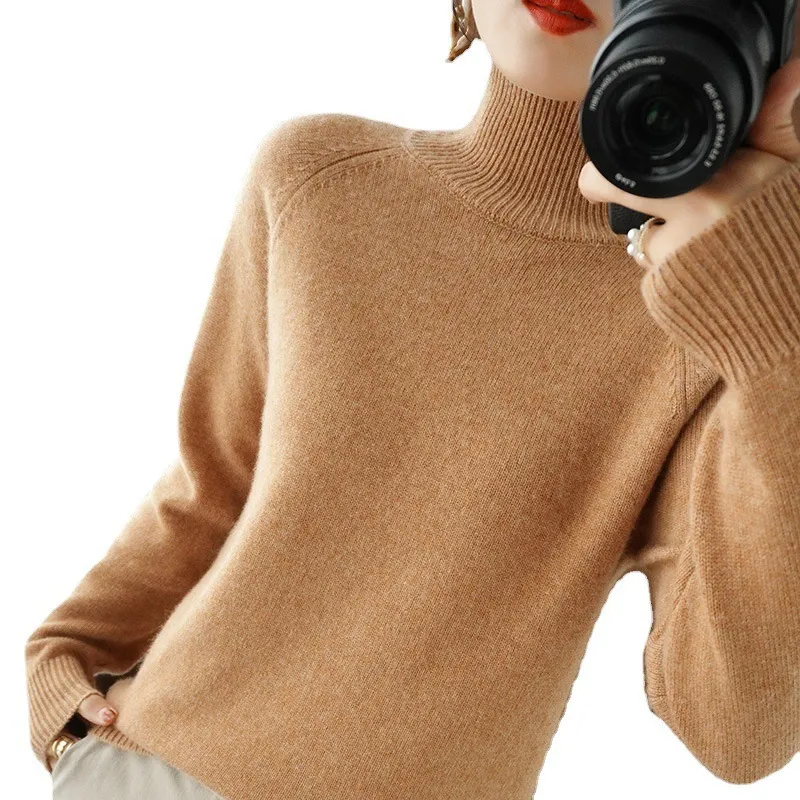Women's Autumn Winter Korean Style Solid Color High Collar Pullover Sweater - Loose Fit Thickened Knitted Base Shirt for Casual Wear - Image 5