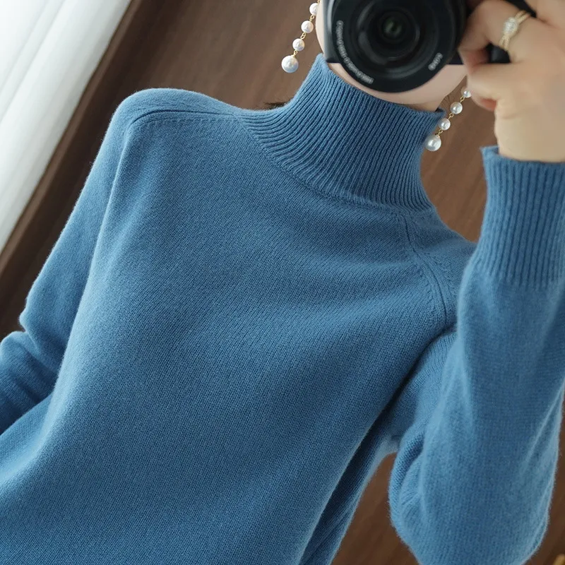 Women's Autumn Winter Korean Style Solid Color High Collar Pullover Sweater - Loose Fit Thickened Knitted Base Shirt for Casual Wear - Image 6
