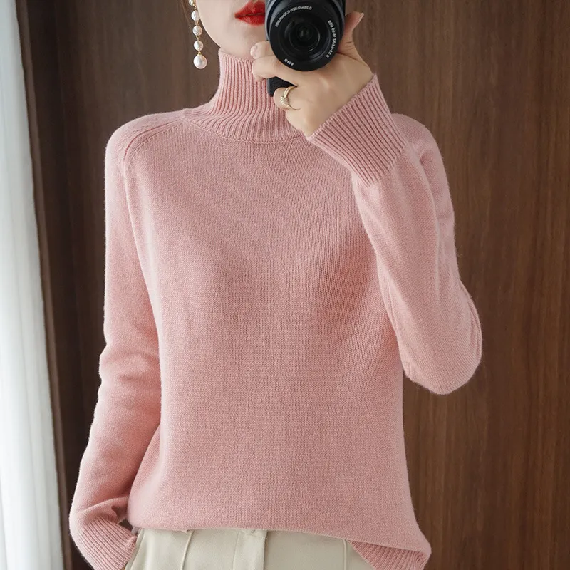 Women's Autumn Winter Korean Style Solid Color High Collar Pullover Sweater - Loose Fit Thickened Knitted Base Shirt for Casual Wear - Image 8