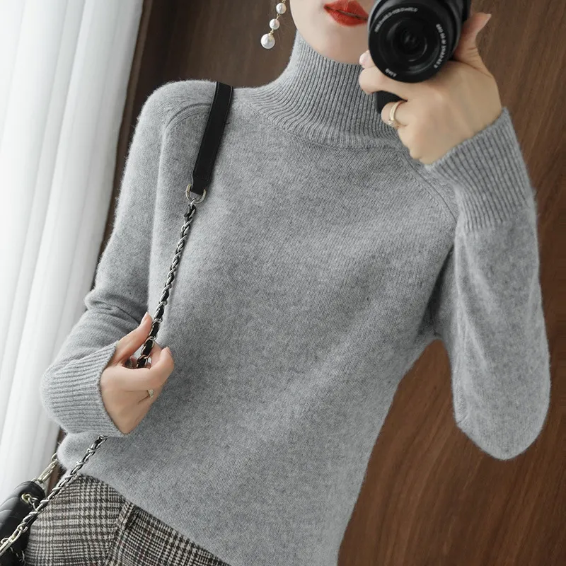 Women's Autumn Winter Korean Style Solid Color High Collar Pullover Sweater - Loose Fit Thickened Knitted Base Shirt for Casual Wear - Image 10