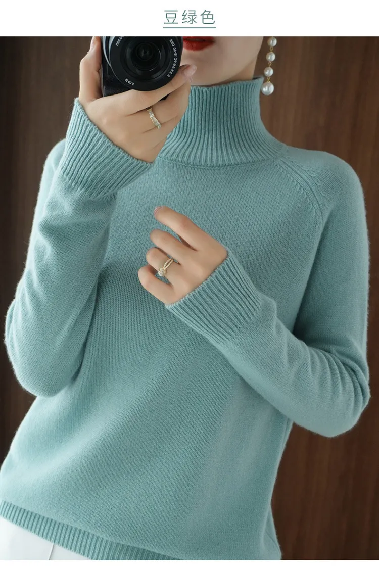Women's Autumn Winter Korean Style Solid Color High Collar Pullover Sweater - Loose Fit Thickened Knitted Base Shirt for Casual Wear showcase 9