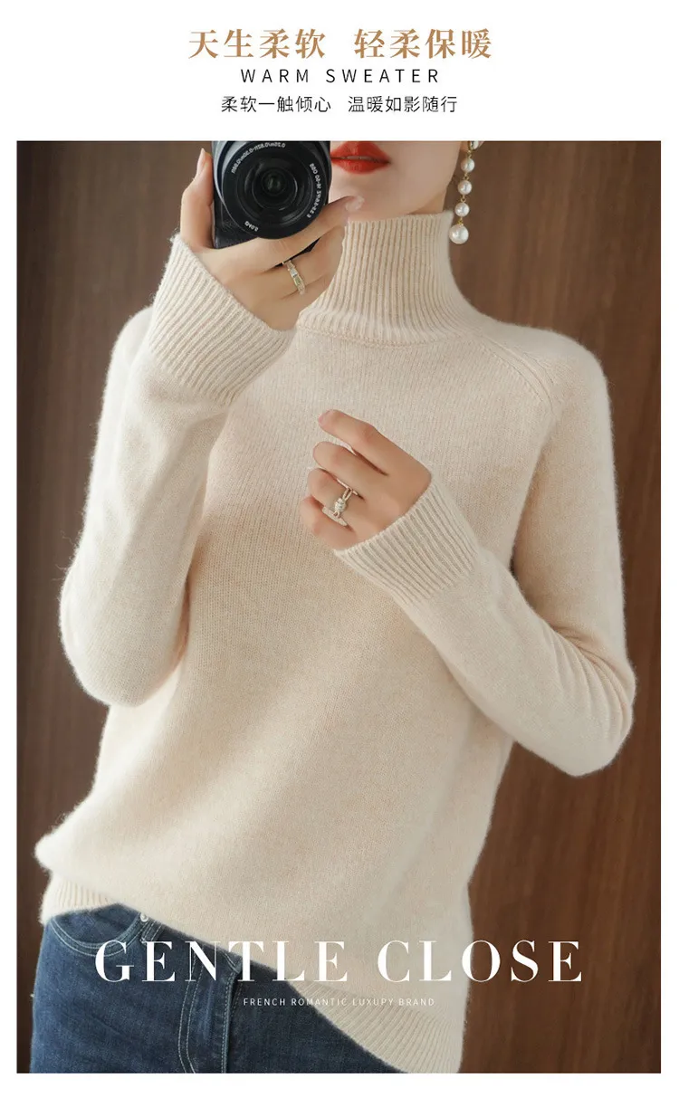 Women's Autumn Winter Korean Style Solid Color High Collar Pullover Sweater - Loose Fit Thickened Knitted Base Shirt for Casual Wear showcase 1