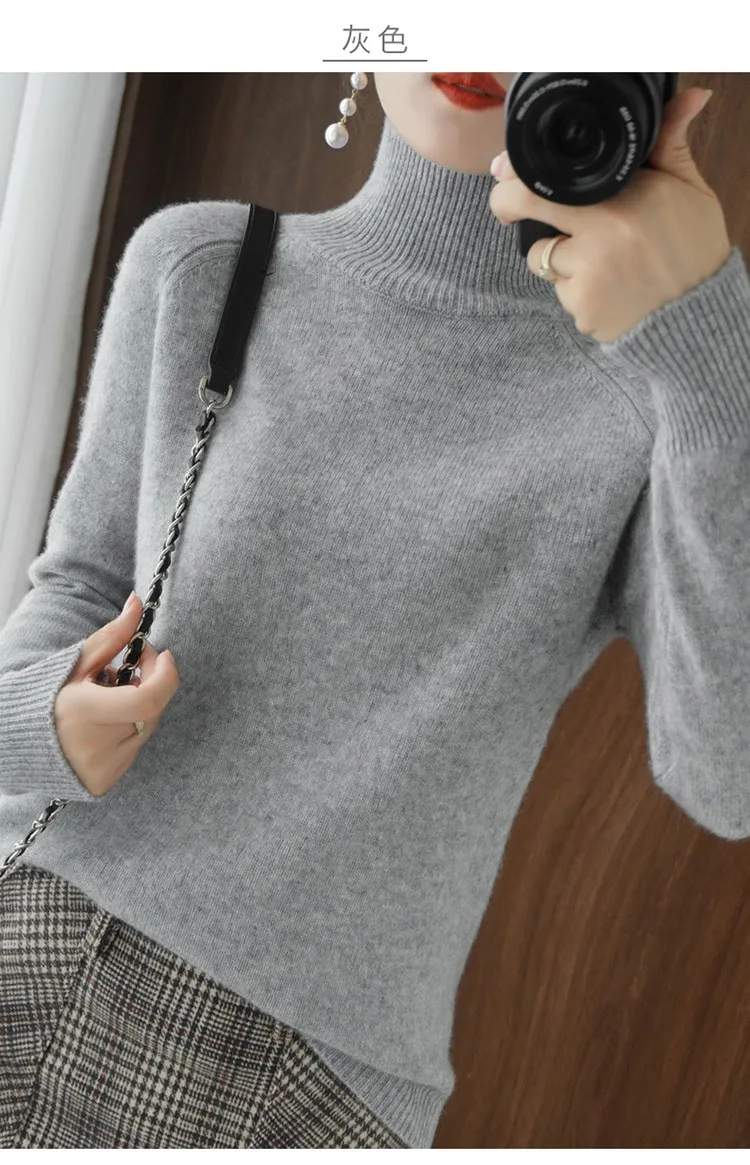 Women's Autumn Winter Korean Style Solid Color High Collar Pullover Sweater - Loose Fit Thickened Knitted Base Shirt for Casual Wear showcase 10