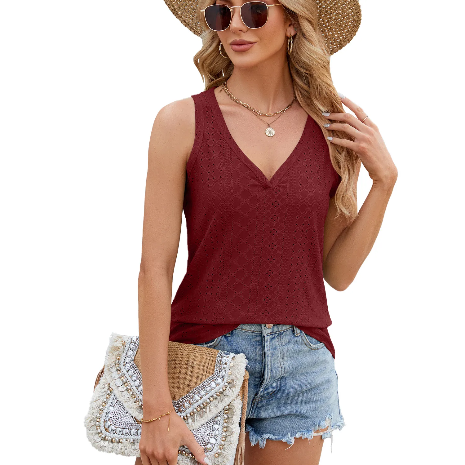 Solid Color V-Neck Sleeveless Vest Top for Women - Loose Fit Breathable Summer Base Layer T-Shirt - Image 3