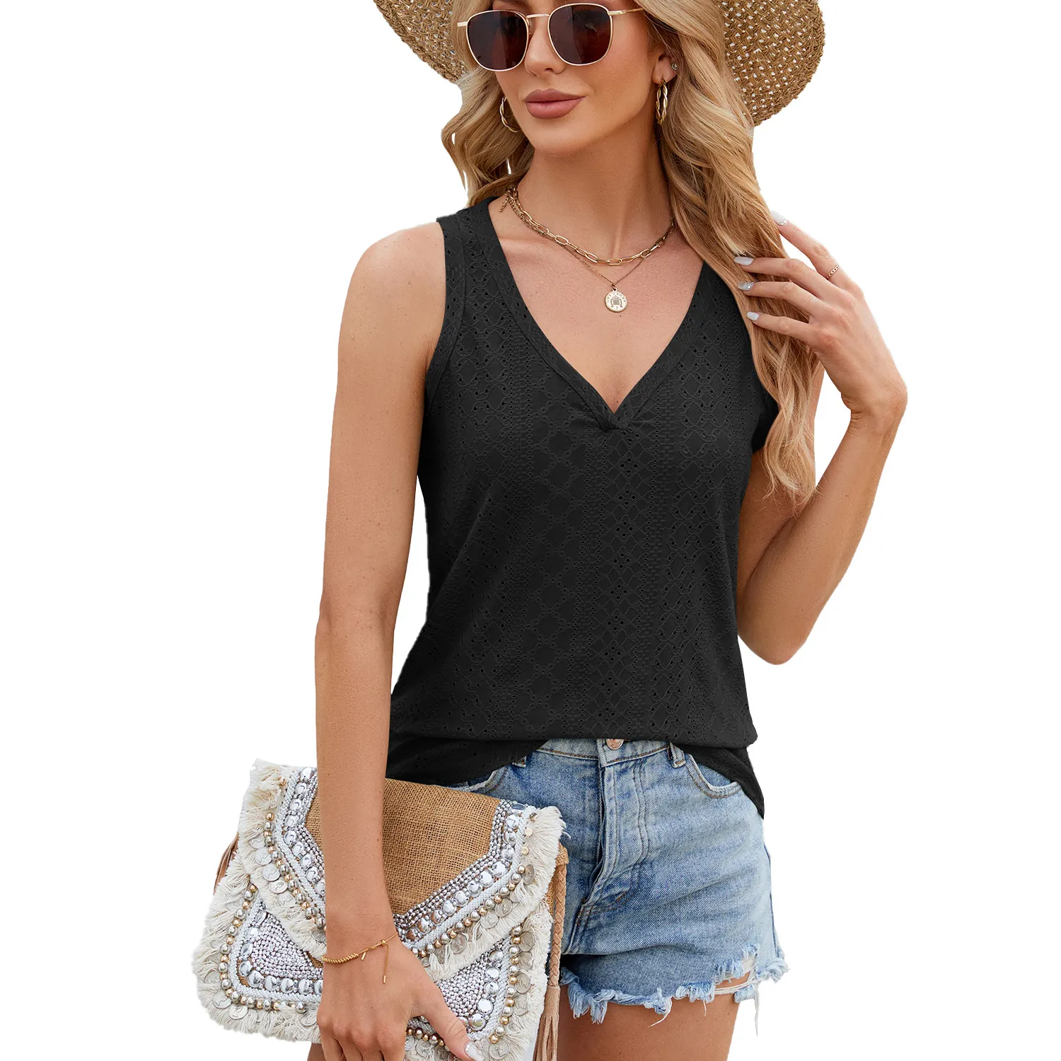 Solid Color V-Neck Sleeveless Vest Top for Women - Loose Fit Breathable Summer Base Layer T-Shirt - Image 4