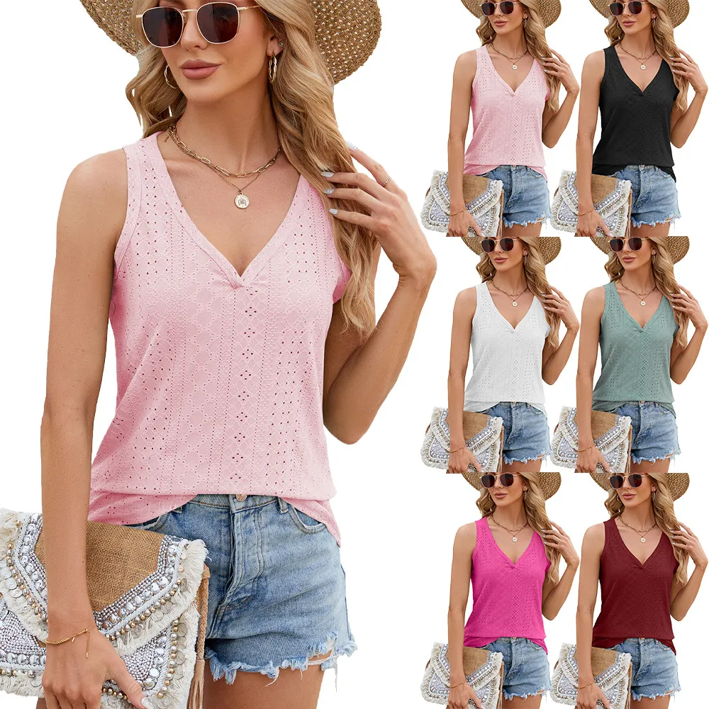 Solid Color V-Neck Sleeveless Vest Top for Women - Loose Fit Breathable Summer Base Layer T-Shirt - Image 1