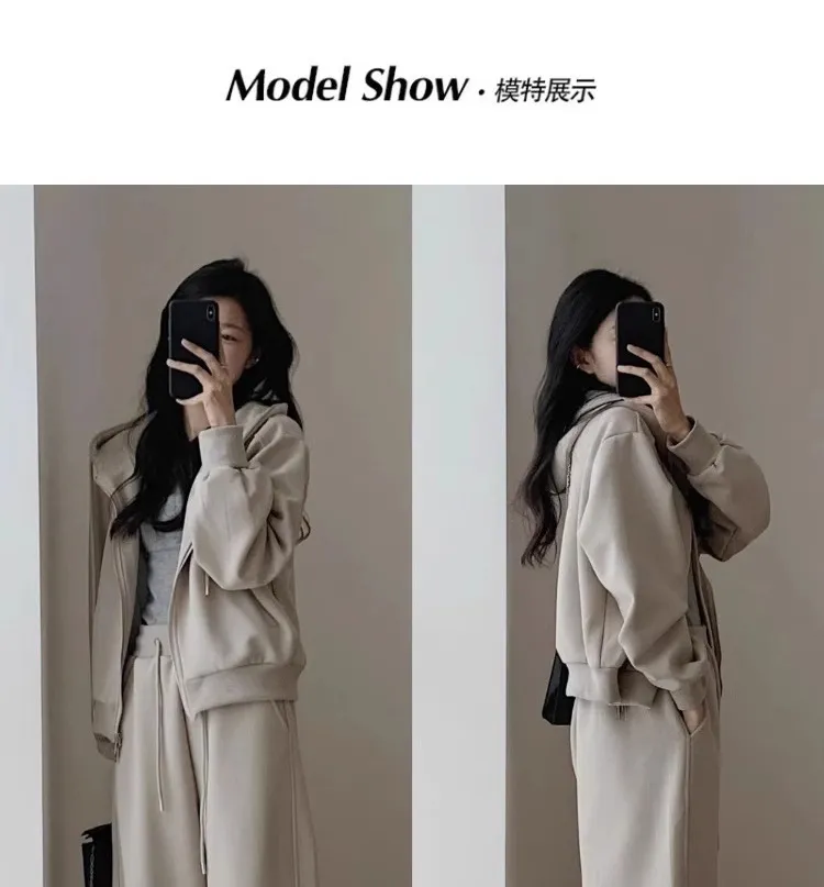 Women's Casual Two-Piece Set: Hooded Sweatshirt & Wide-Leg Pants for Autumn/Winter. Fashionable, slimming, age-reducing design perfect for sports, running, or everyday trendy wear. showcase 1