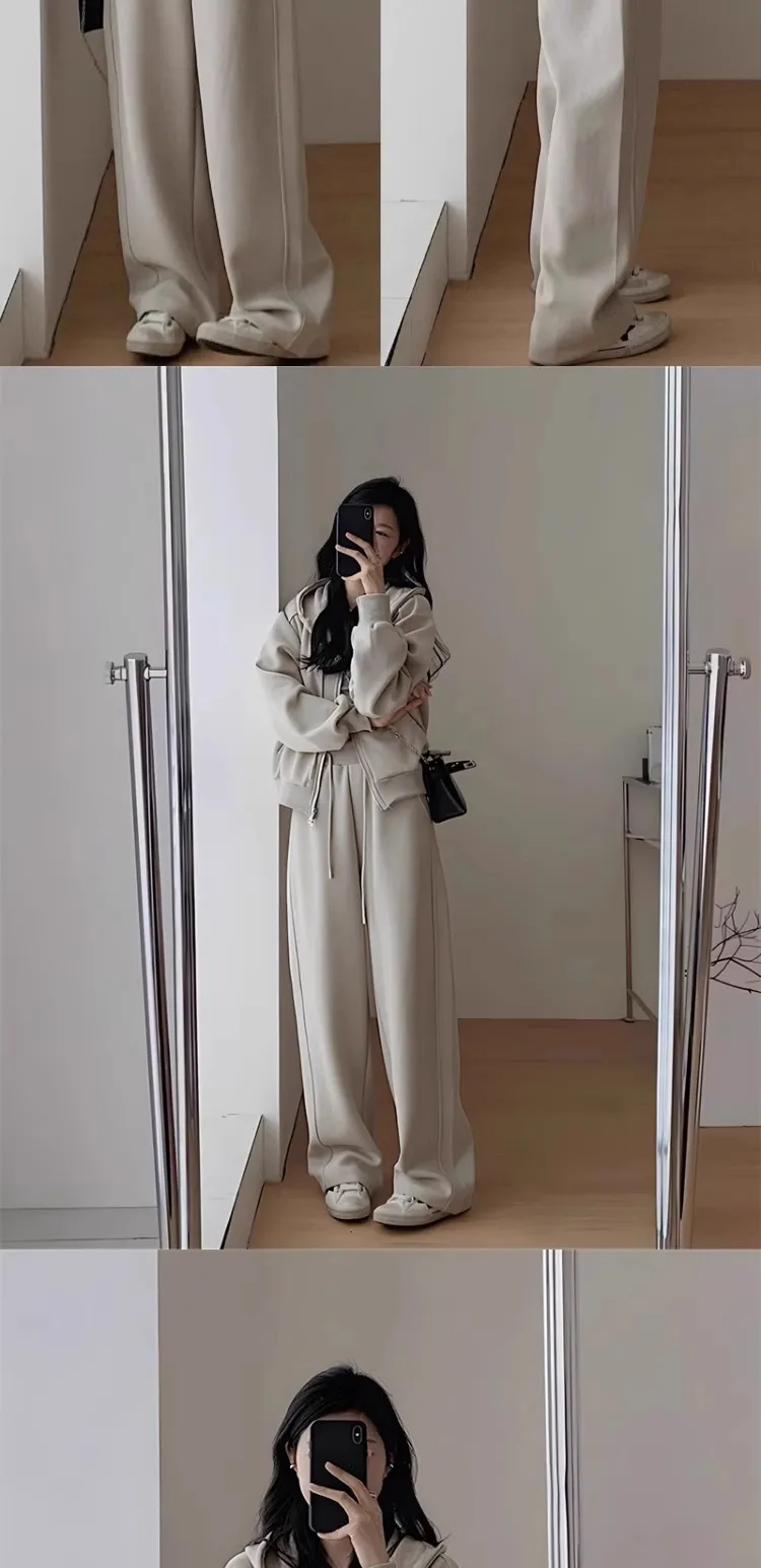 Women's Casual Two-Piece Set: Hooded Sweatshirt & Wide-Leg Pants for Autumn/Winter. Fashionable, slimming, age-reducing design perfect for sports, running, or everyday trendy wear. showcase 2