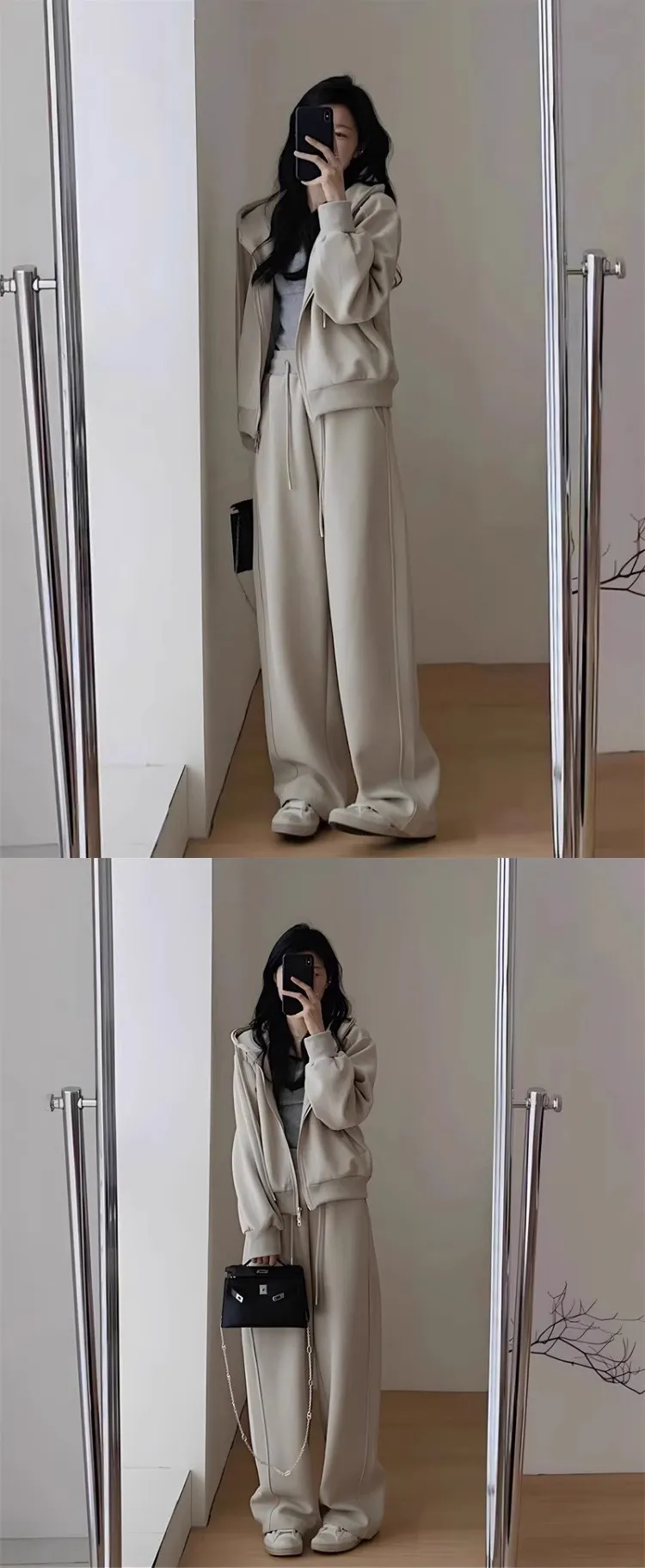 Women's Casual Two-Piece Set: Hooded Sweatshirt & Wide-Leg Pants for Autumn/Winter. Fashionable, slimming, age-reducing design perfect for sports, running, or everyday trendy wear. showcase 5