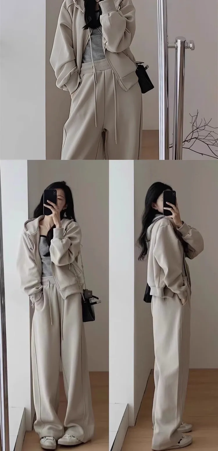Women's Casual Two-Piece Set: Hooded Sweatshirt & Wide-Leg Pants for Autumn/Winter. Fashionable, slimming, age-reducing design perfect for sports, running, or everyday trendy wear. showcase 3