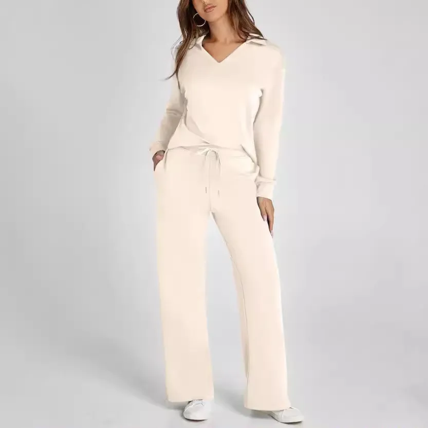 Women's Casual V-Neck Long Sleeve Top and Drawstring Waist Trousers Set - Comfortable Loose Fit Two-Piece Outfit for Everyday Wear thumbnail 4