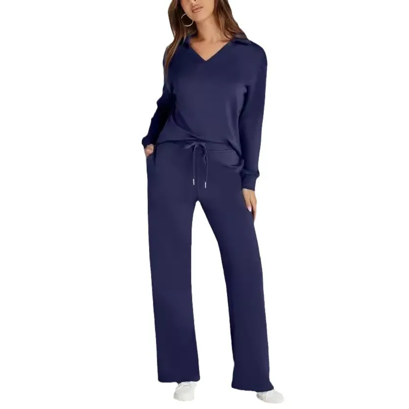 Women's Casual V-Neck Long Sleeve Top and Drawstring Waist Trousers Set - Comfortable Loose Fit Two-Piece Outfit for Everyday Wear thumbnail 5