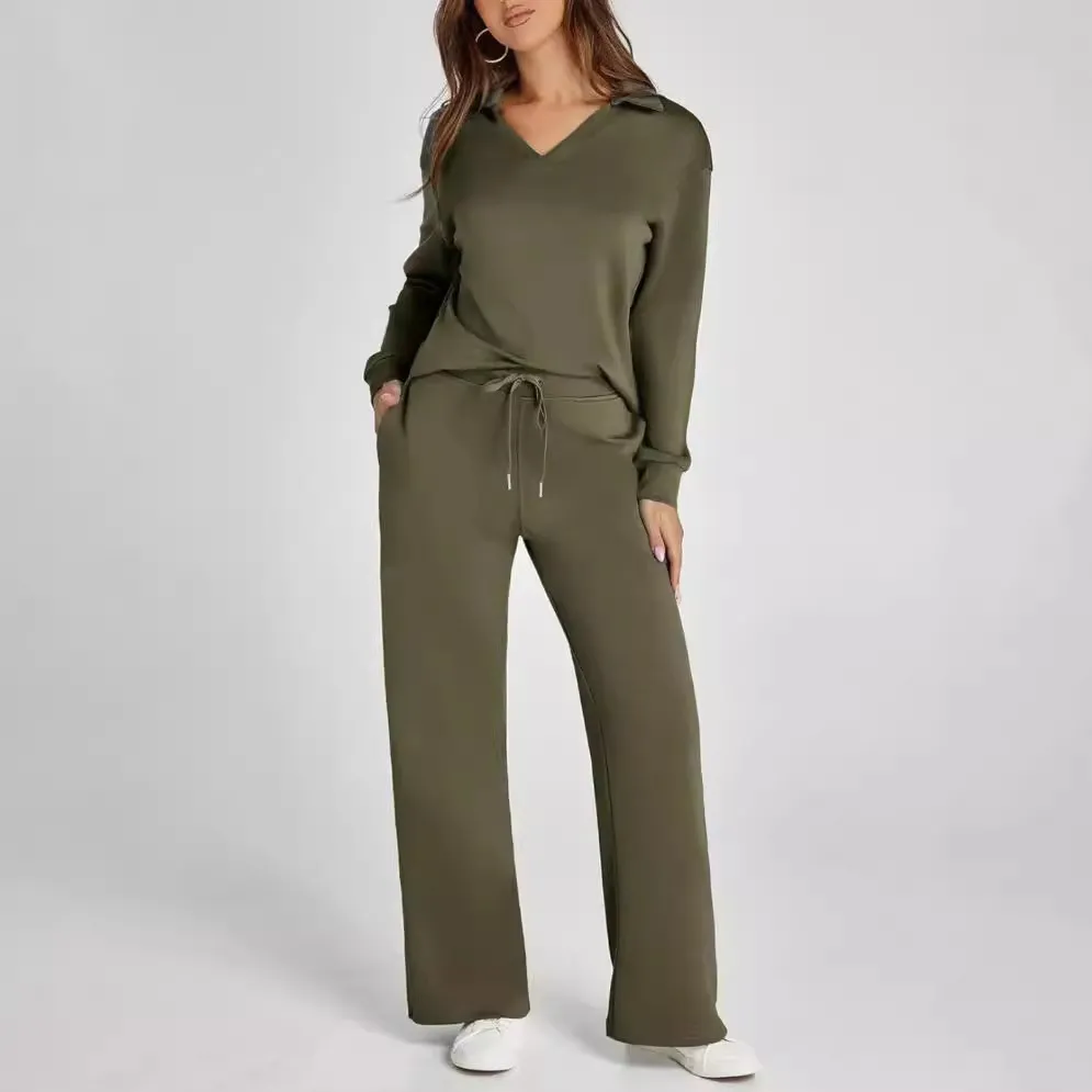 Women's Casual V-Neck Long Sleeve Top and Drawstring Waist Trousers Set - Comfortable Loose Fit Two-Piece Outfit for Everyday Wear thumbnail 1