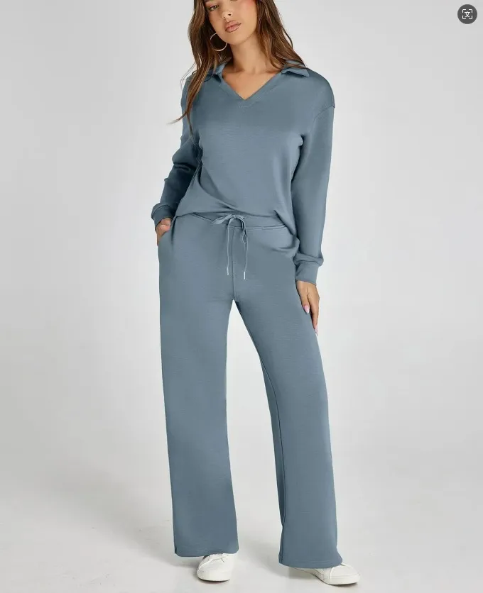 Women's Casual V-Neck Long Sleeve Top and Drawstring Waist Trousers Set - Comfortable Loose Fit Two-Piece Outfit for Everyday Wear thumbnail 7