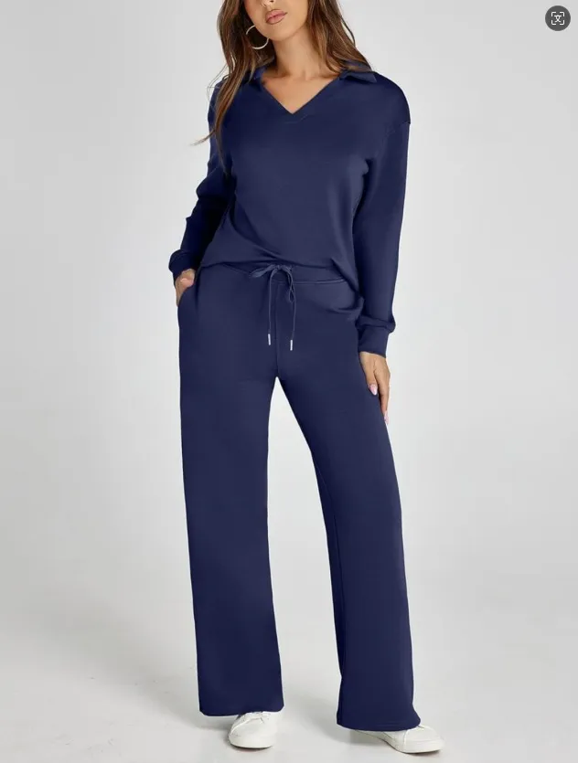 Women's Casual V-Neck Long Sleeve Top and Drawstring Waist Trousers Set - Comfortable Loose Fit Two-Piece Outfit for Everyday Wear thumbnail 6