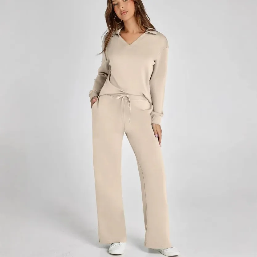 Women's Casual V-Neck Long Sleeve Top and Drawstring Waist Trousers Set - Comfortable Loose Fit Two-Piece Outfit for Everyday Wear thumbnail 2