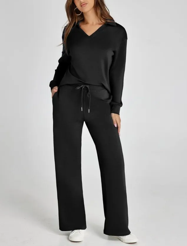 Women's Casual V-Neck Long Sleeve Top and Drawstring Waist Trousers Set - Comfortable Loose Fit Two-Piece Outfit for Everyday Wear thumbnail 8