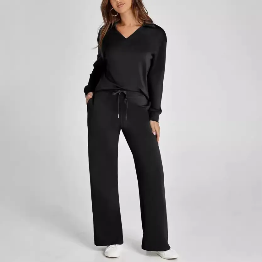 Women's Casual V-Neck Long Sleeve Top and Drawstring Waist Trousers Set - Comfortable Loose Fit Two-Piece Outfit for Everyday Wear thumbnail 3
