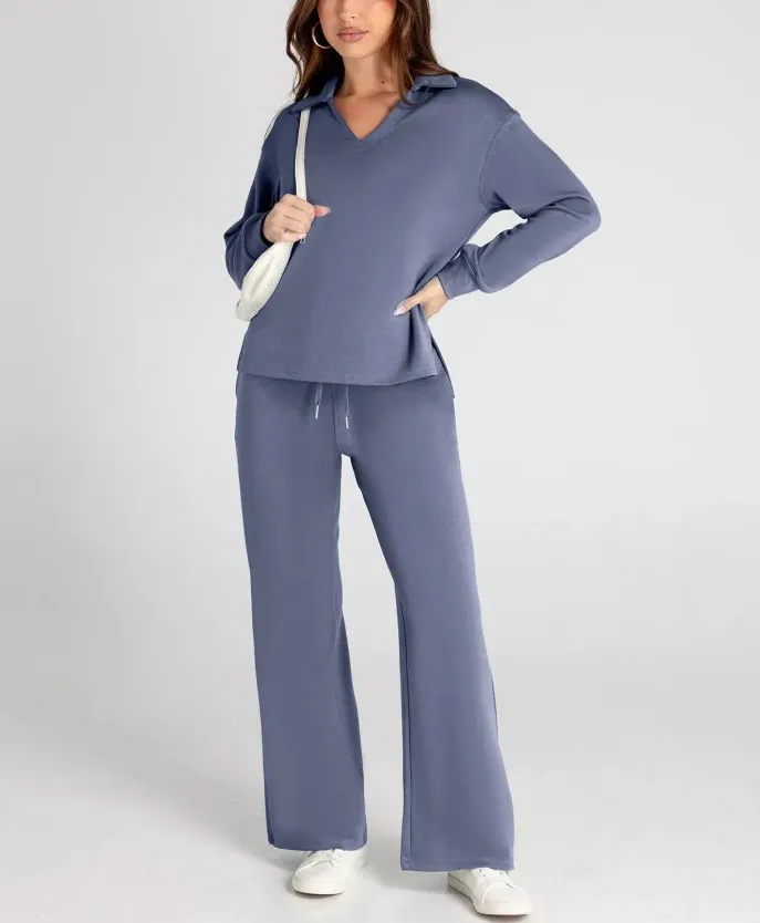 Women's Casual V-Neck Long Sleeve Top and Drawstring Waist Trousers Set - Comfortable Loose Fit Two-Piece Outfit for Everyday Wear showcase 2