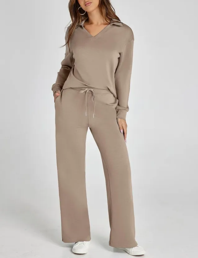 Women's Casual V-Neck Long Sleeve Top and Drawstring Waist Trousers Set - Comfortable Loose Fit Two-Piece Outfit for Everyday Wear thumbnail 9