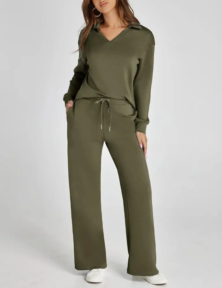 Women's Casual V-Neck Long Sleeve Top and Drawstring Waist Trousers Set - Comfortable Loose Fit Two-Piece Outfit for Everyday Wear showcase 3
