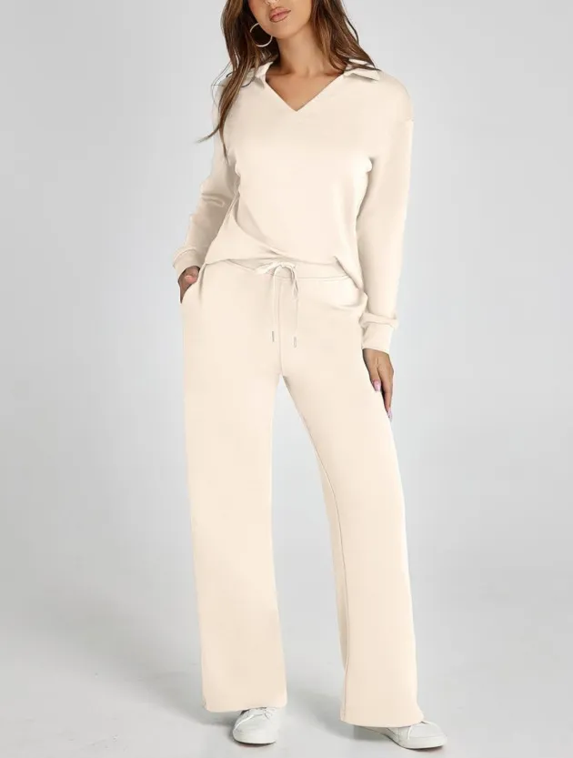 Women's Casual V-Neck Long Sleeve Top and Drawstring Waist Trousers Set - Comfortable Loose Fit Two-Piece Outfit for Everyday Wear showcase 5