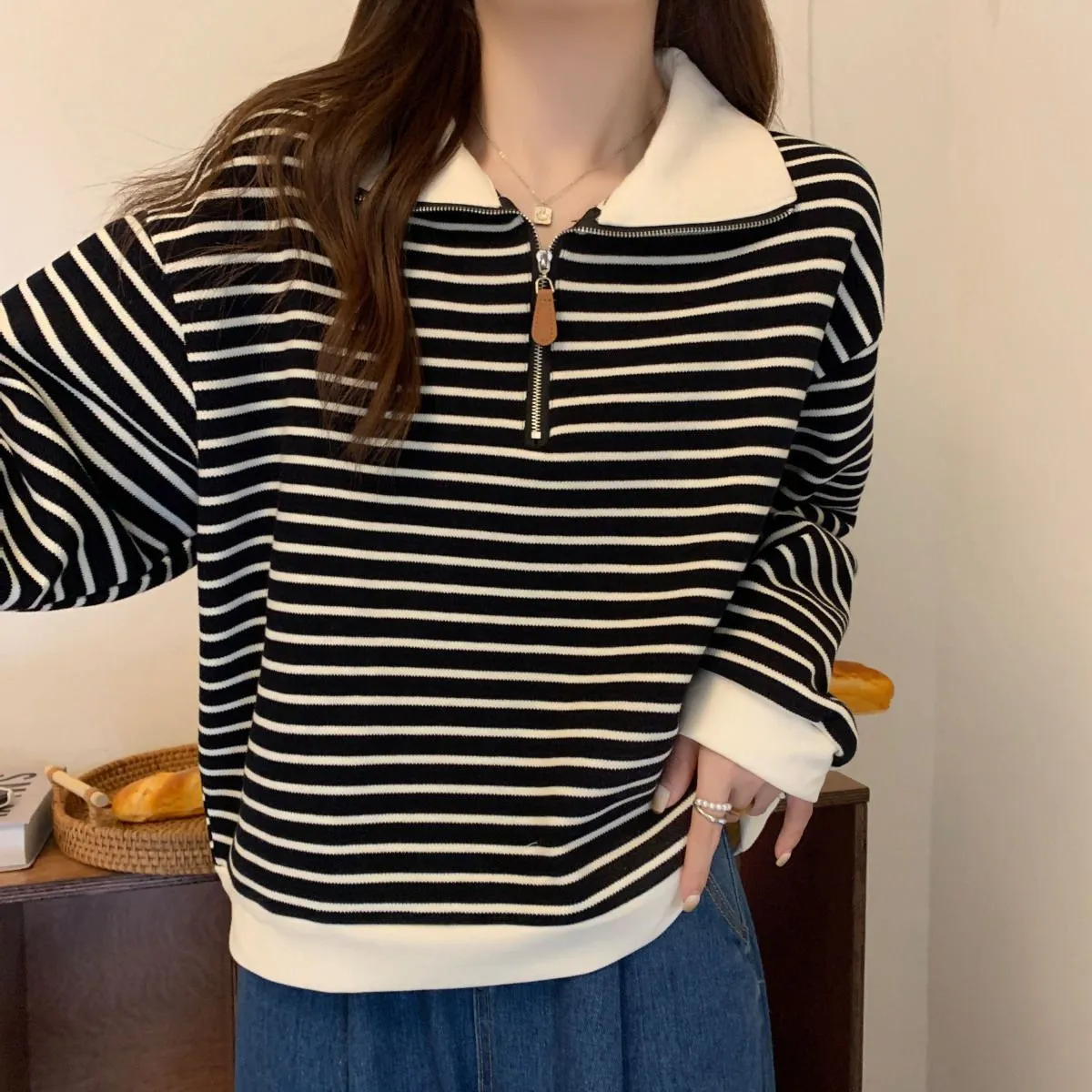 Women's Plus Size Striped Polo Sweatshirt - Autumn Loose Half-Zip Long Sleeve Top, American Style Trendy Casual Wear - Image 4