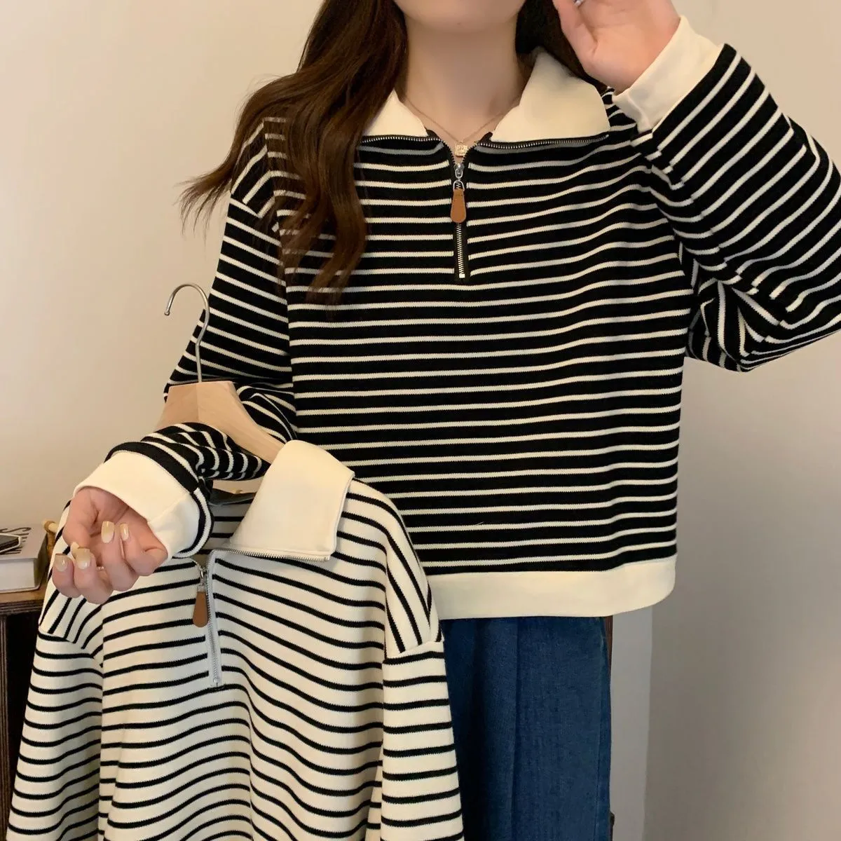 Women's Plus Size Striped Polo Sweatshirt - Autumn Loose Half-Zip Long Sleeve Top, American Style Trendy Casual Wear showcase 2
