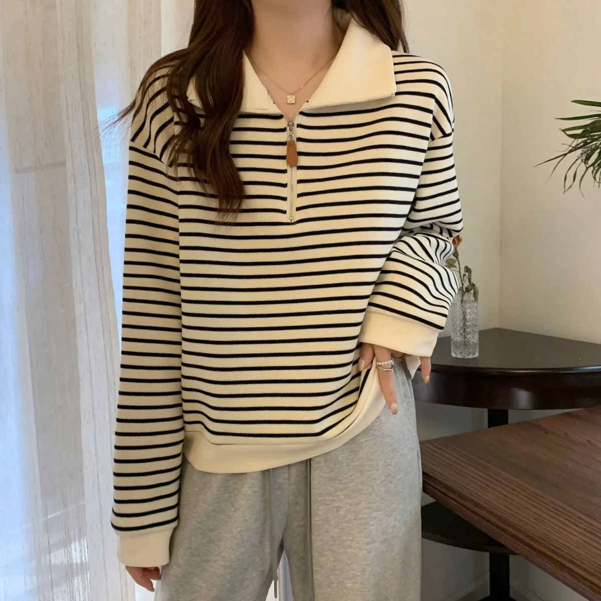 Women's Plus Size Striped Polo Sweatshirt - Autumn Loose Half-Zip Long Sleeve Top, American Style Trendy Casual Wear showcase 4
