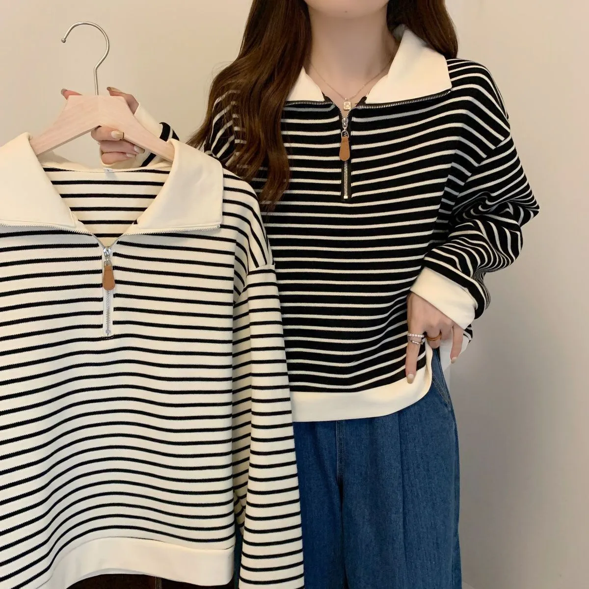 Women's Plus Size Striped Polo Sweatshirt - Autumn Loose Half-Zip Long Sleeve Top, American Style Trendy Casual Wear showcase 3