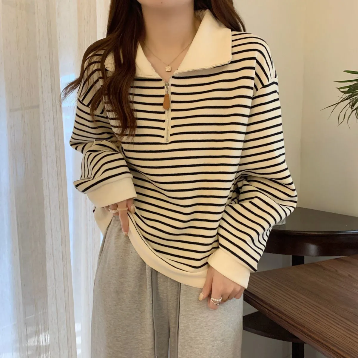 Women's Plus Size Striped Polo Sweatshirt - Autumn Loose Half-Zip Long Sleeve Top, American Style Trendy Casual Wear - Image 6